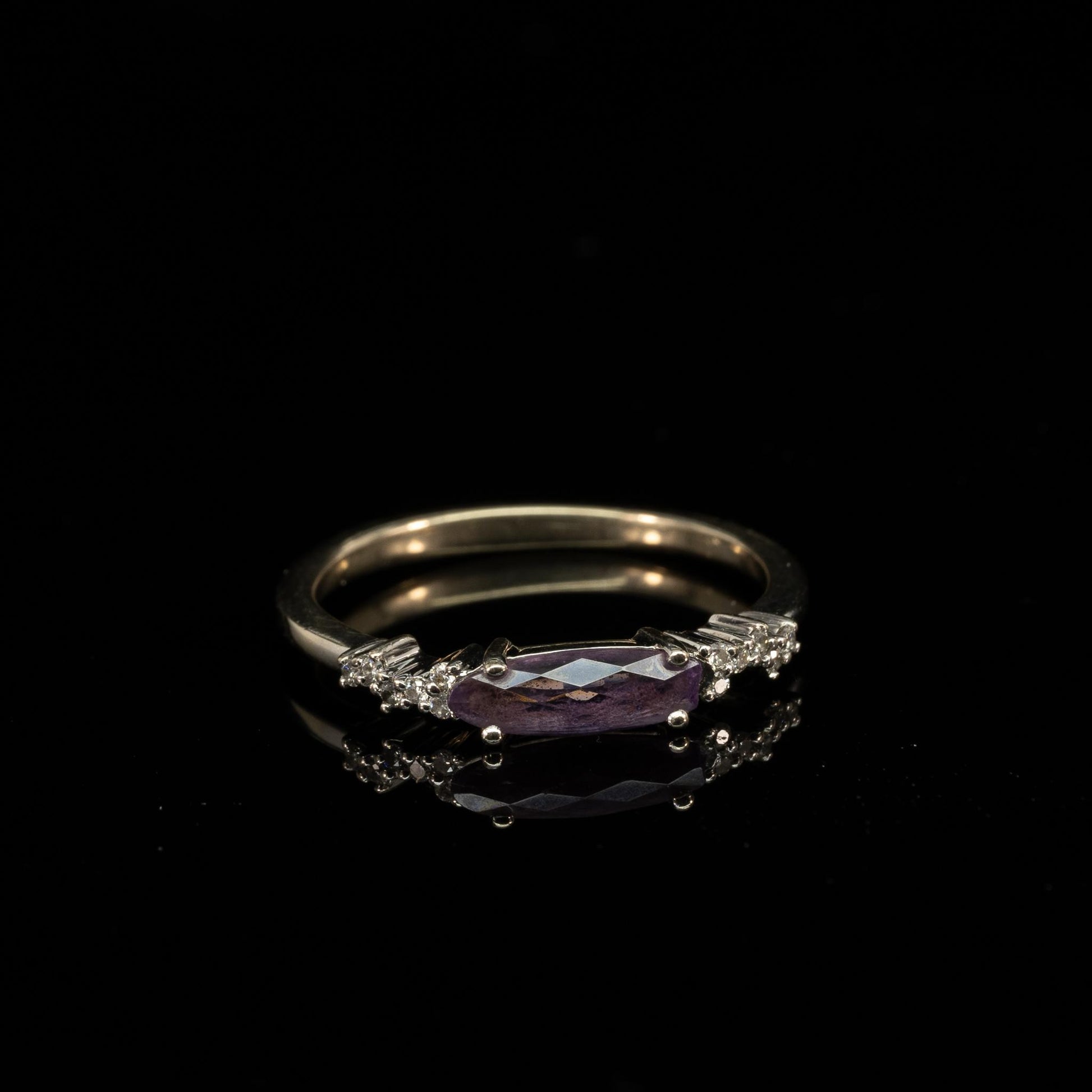 Marquise Amethyst and Diamond Thin Stackable Band 14k White Gold Ring