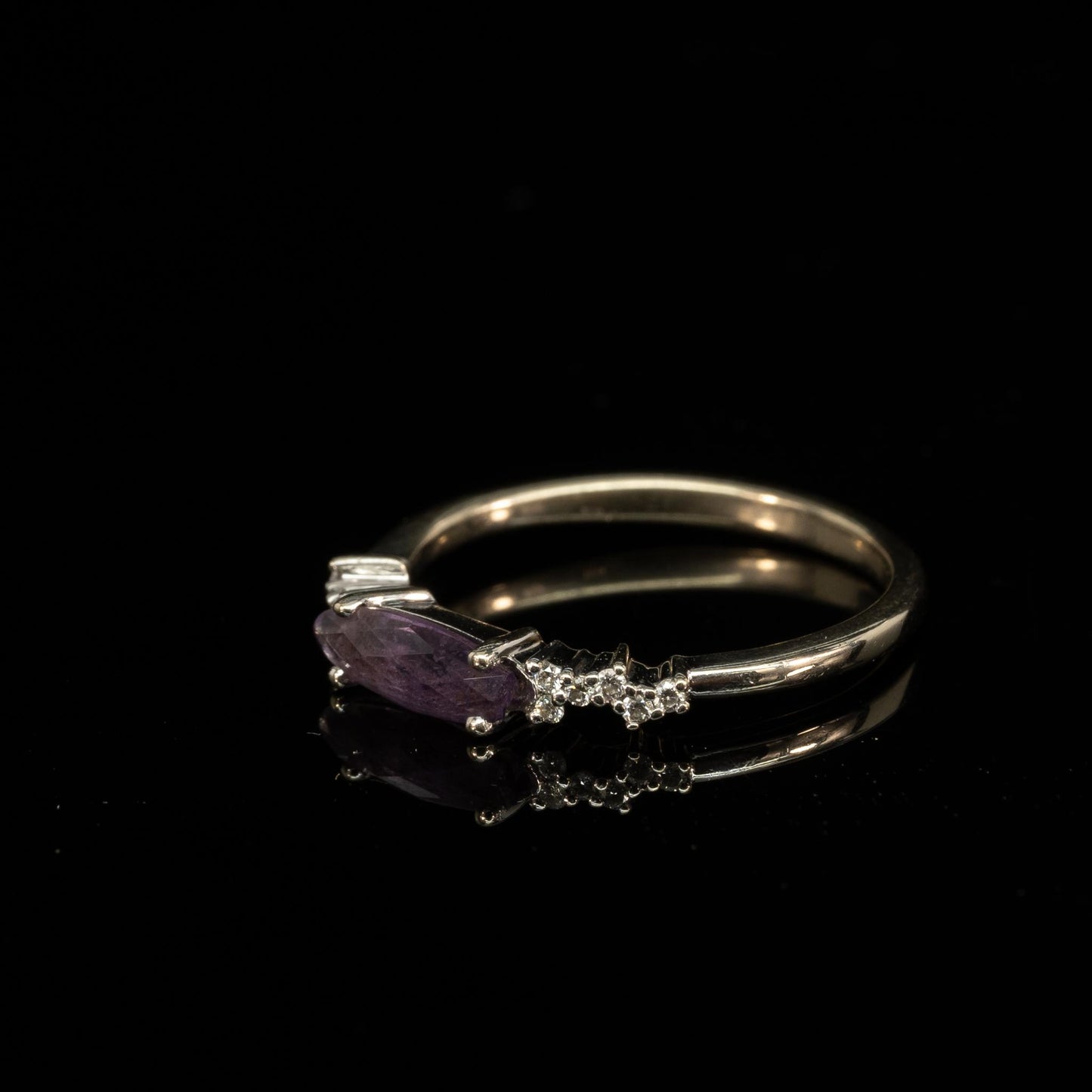 Marquise Amethyst and Diamond Thin Stackable Band 14k White Gold Ring