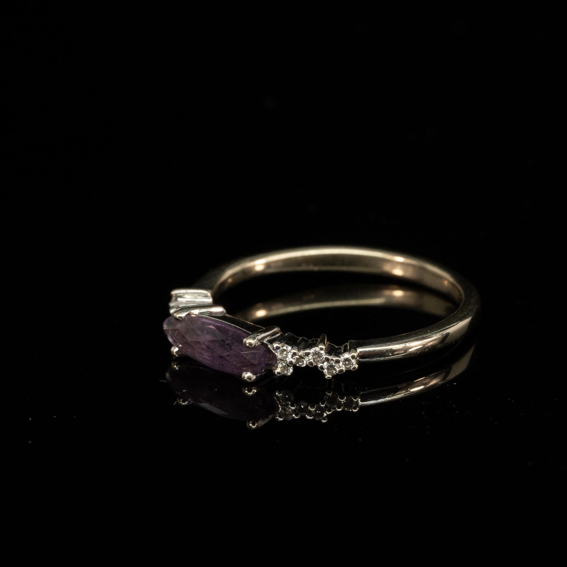 Marquise Amethyst and Diamond Thin Stackable Band 14k White Gold Ring