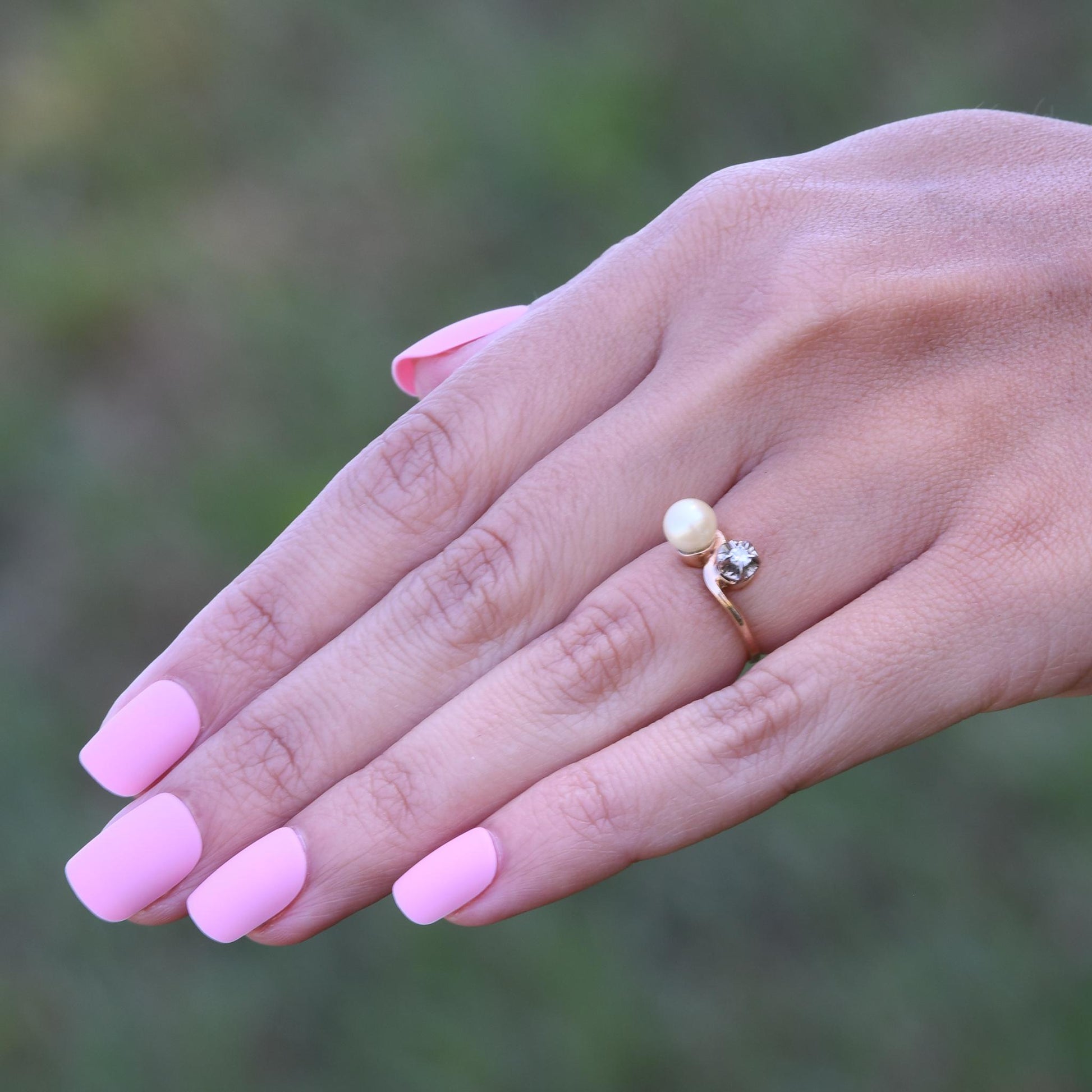 Edwardian Pearl & Diamond Toi et Moi Two Stone 14k Yellow Gold Ring