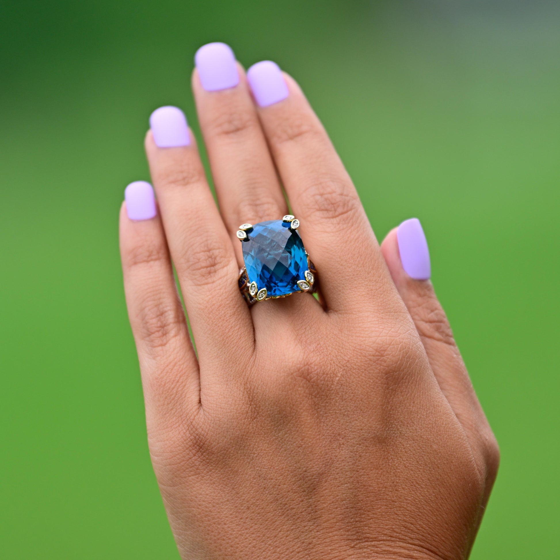 40 Carat Blue Topaz Statement Ring with Sapphire and Diamond accents