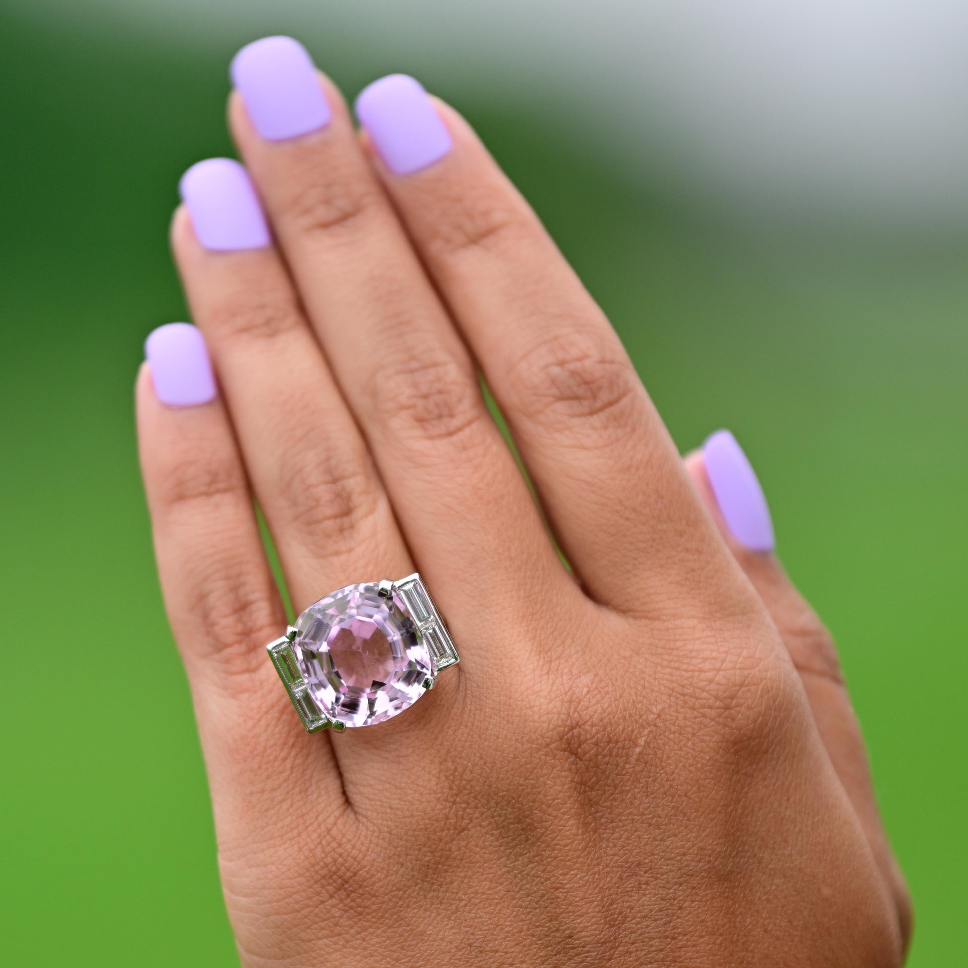 23ctw Kunzite Cushion and Diamond Baguette Ring in 14k White Gold