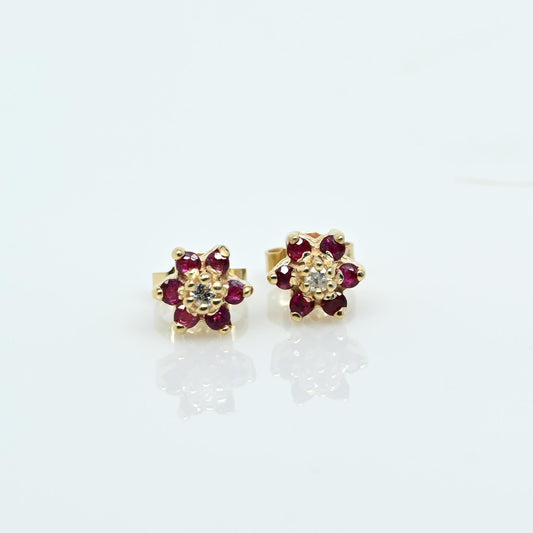 Ruby & Diamond Flower Cluster 14k Gold Stud Earrings