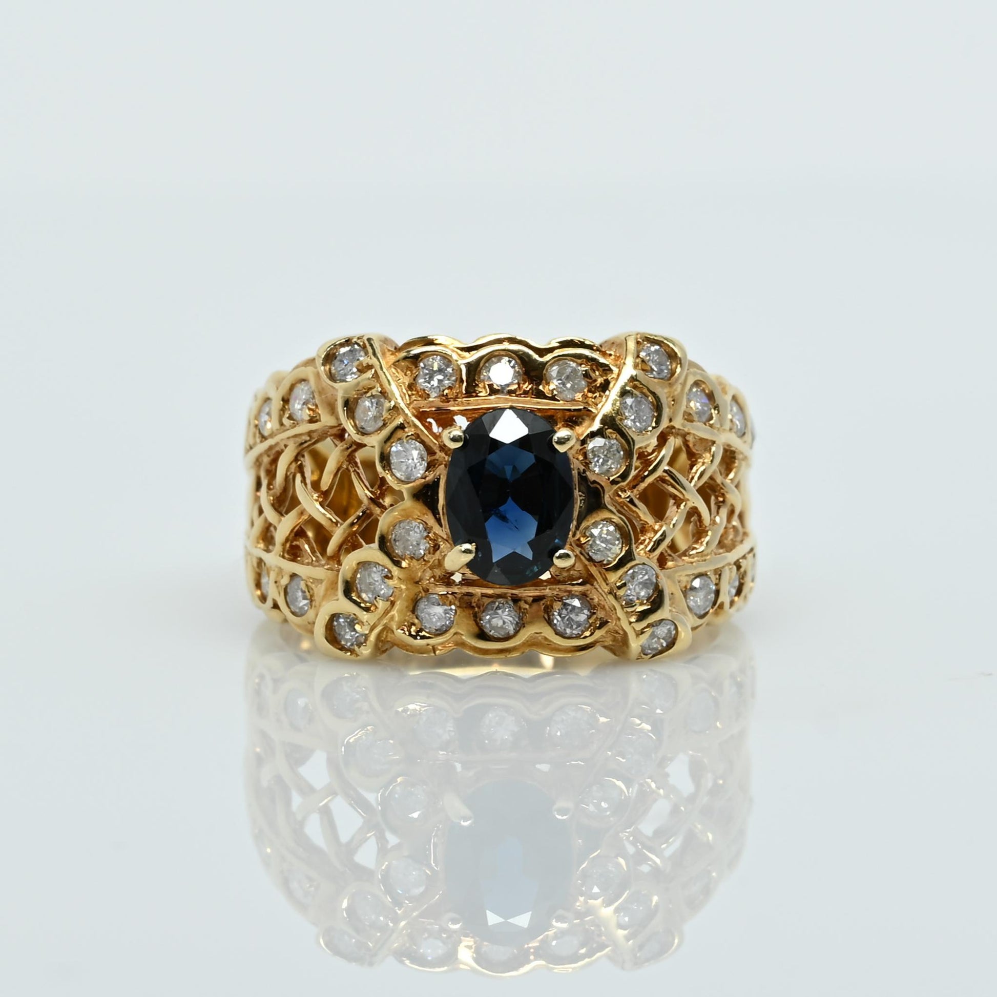 Blue Sapphire Oval & Diamond 14k Gold Ring