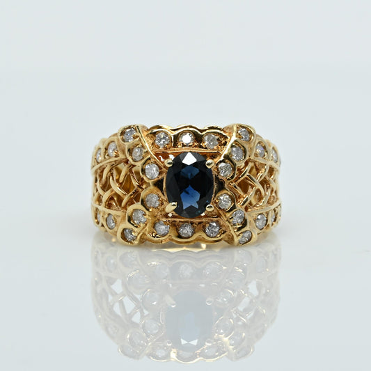 Blue Sapphire Oval & Diamond 14k Gold Ring