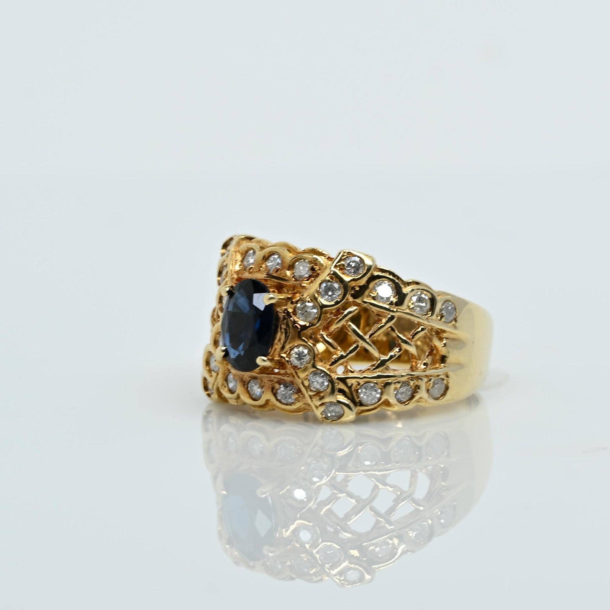 Blue Sapphire Oval & Diamond 14k Gold Ring