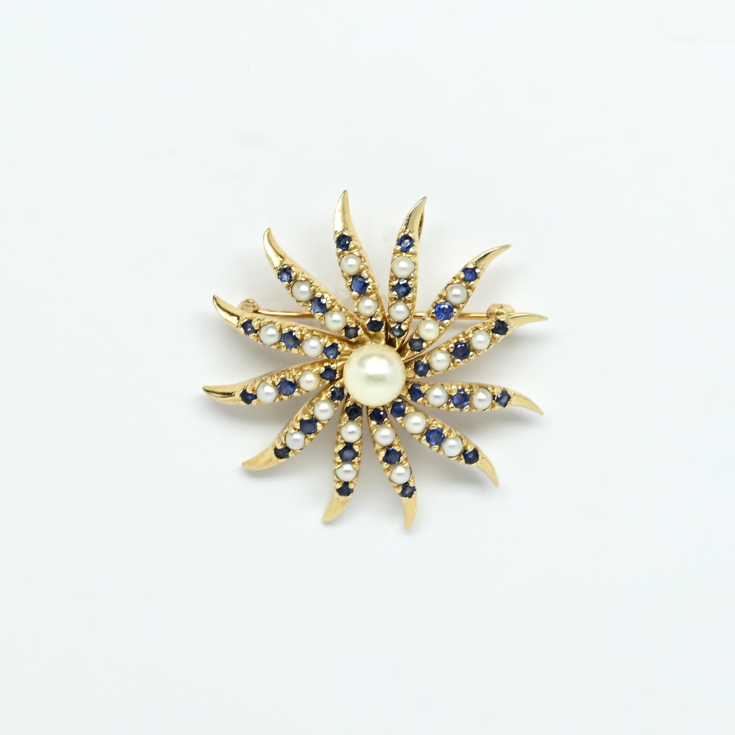 14K Convertible Pendant Brooch Seed Pearl & Sapphire Sun