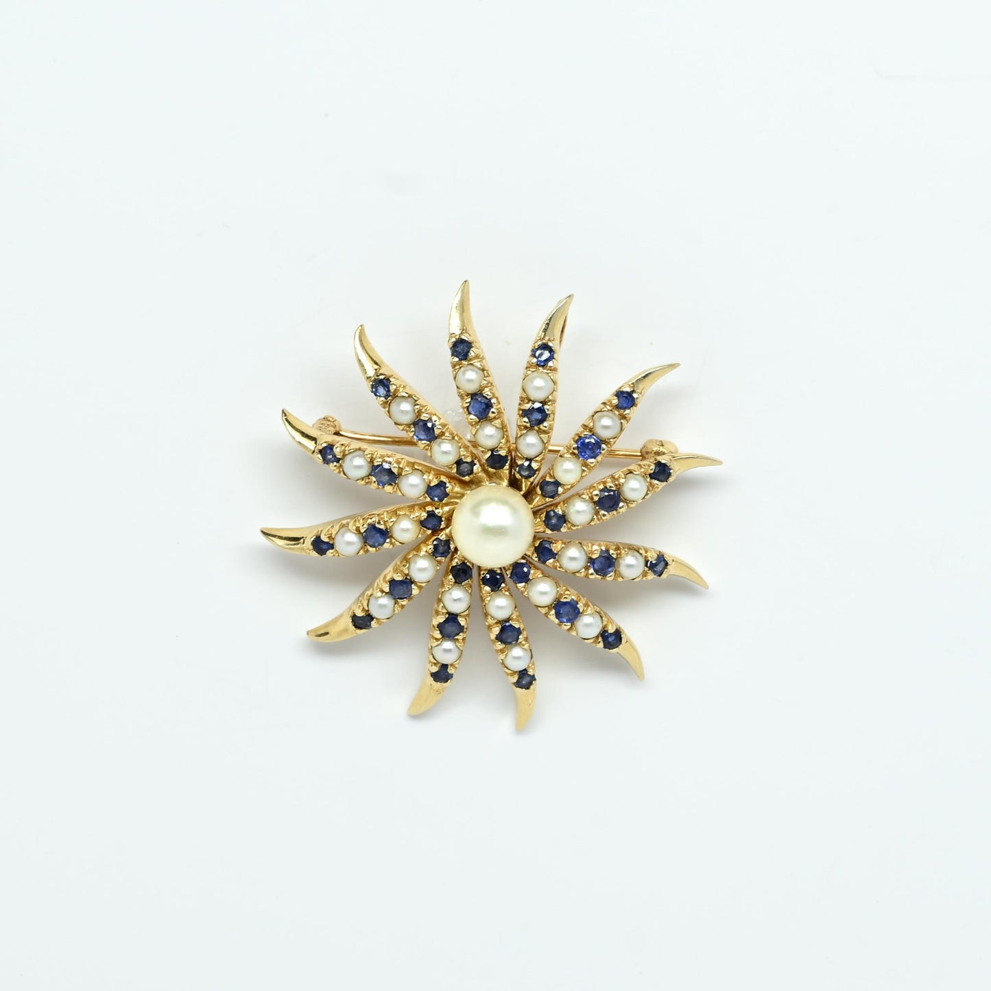 14K Convertible Pendant Brooch Seed Pearl & Sapphire Sun