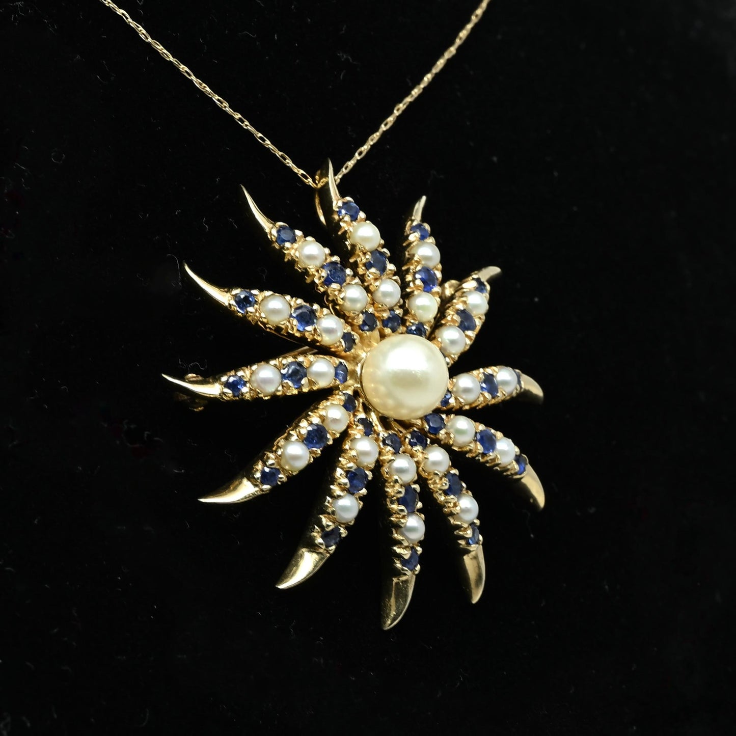 14K Convertible Pendant Brooch Seed Pearl & Sapphire Sun